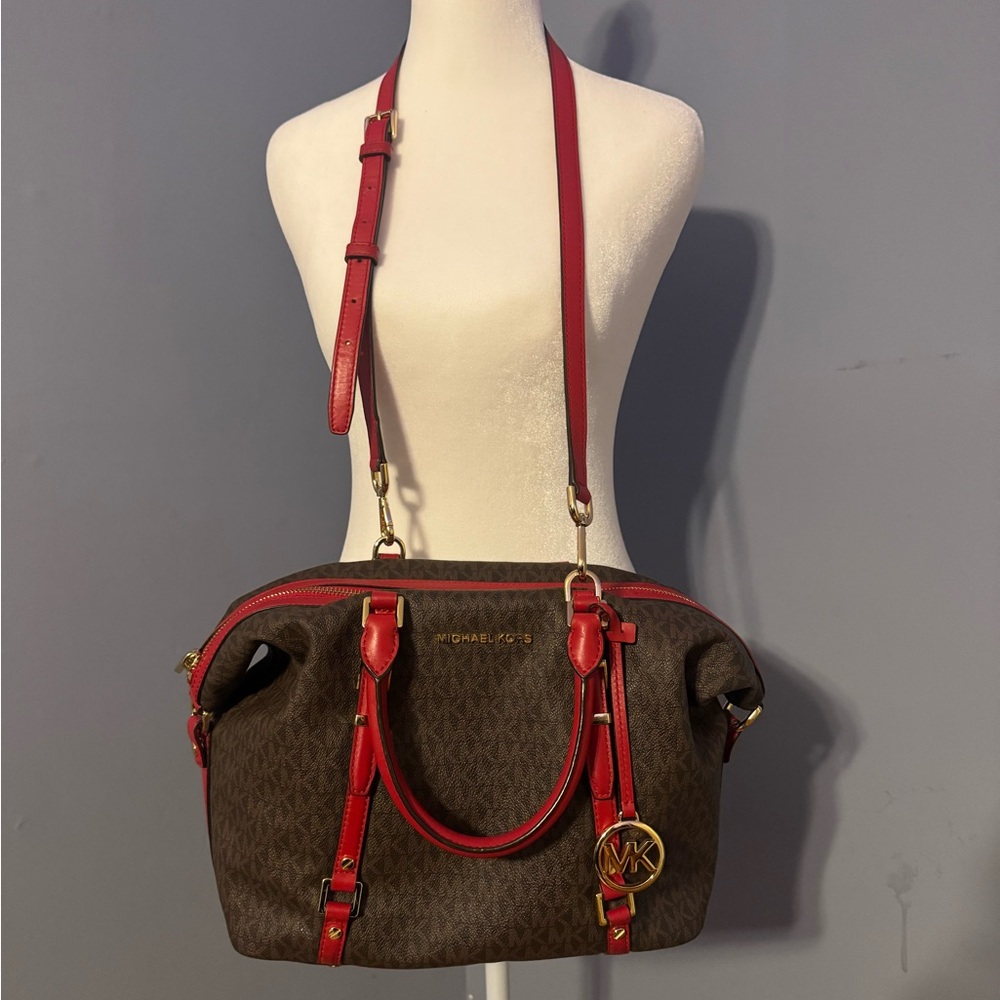MICHAEL KORS Bedford Legacy Medium Logo Satchel Brown Red Bag Handbag Crossbody